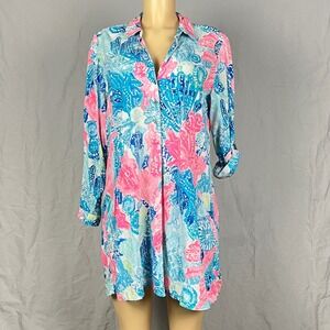 Lilly Pulitzer Dress Medium Blue Pink Coral Button Down Tunic Coastal Old Money